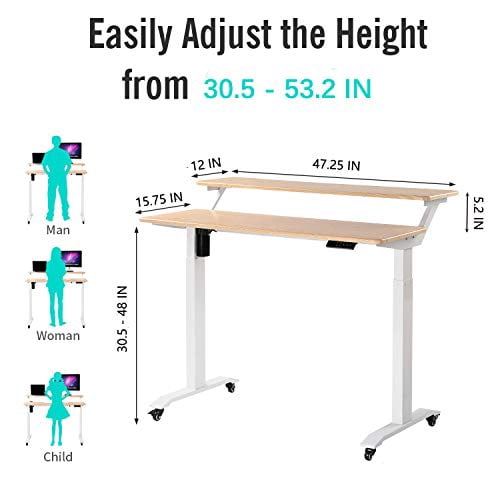 UNICOO® 2 Tier Electric Height Adjustable Standing Desk with Wheels, Electric Mobile Standing Workstation, Sit Stand Desk Home Office Desk Whole-Piece Desk Board 48 * 24 in (KT1002-LW) 2Tier