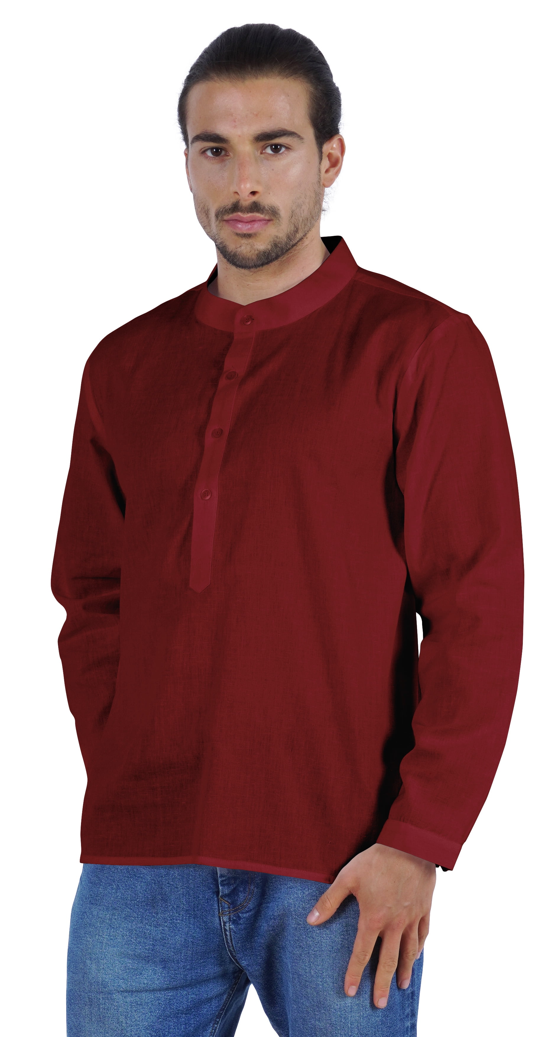 Atasi Indian Mens Short Kurta Henley Shirt Long Sleeve Mandarin Collar