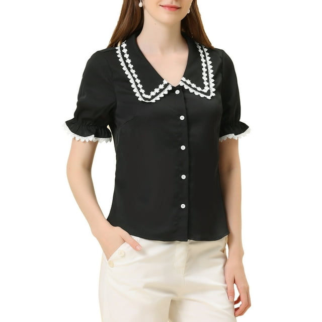 INSPIRE CHIC Blouse à Manches Courtes Col Contrasté Peter Pan pour Femmes, Noire