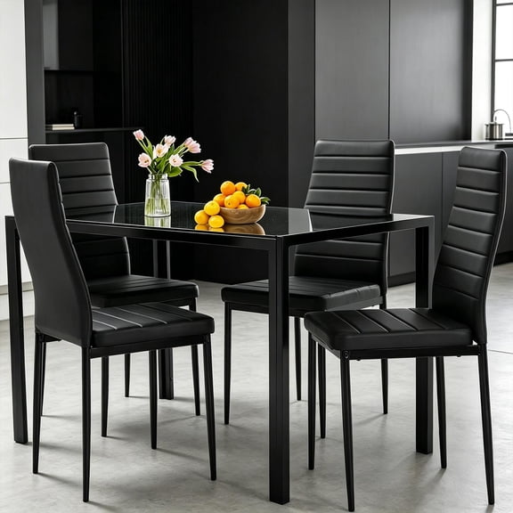5-Piece Dining Table Set | Black | Glass Kitchen Table with 4 Upholstered Chairs and Faux Leather Cushions | Space-Saving and Modern Design | for Dining Room, Easy to Assemble
