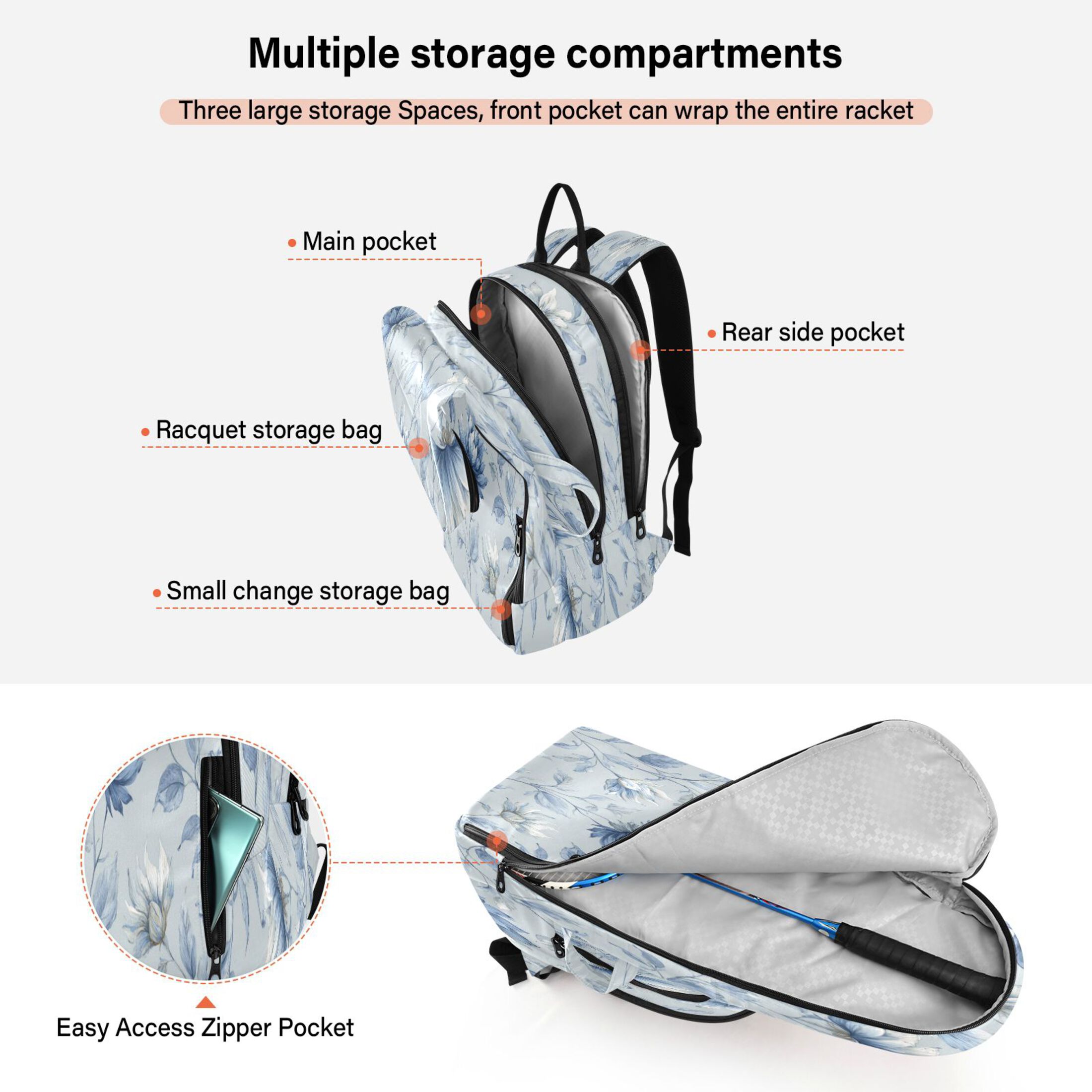 2 Racquet Holder Tennis Backpack Tennis Racket Covers Gym Bags Exquisite Blue Peony Design
