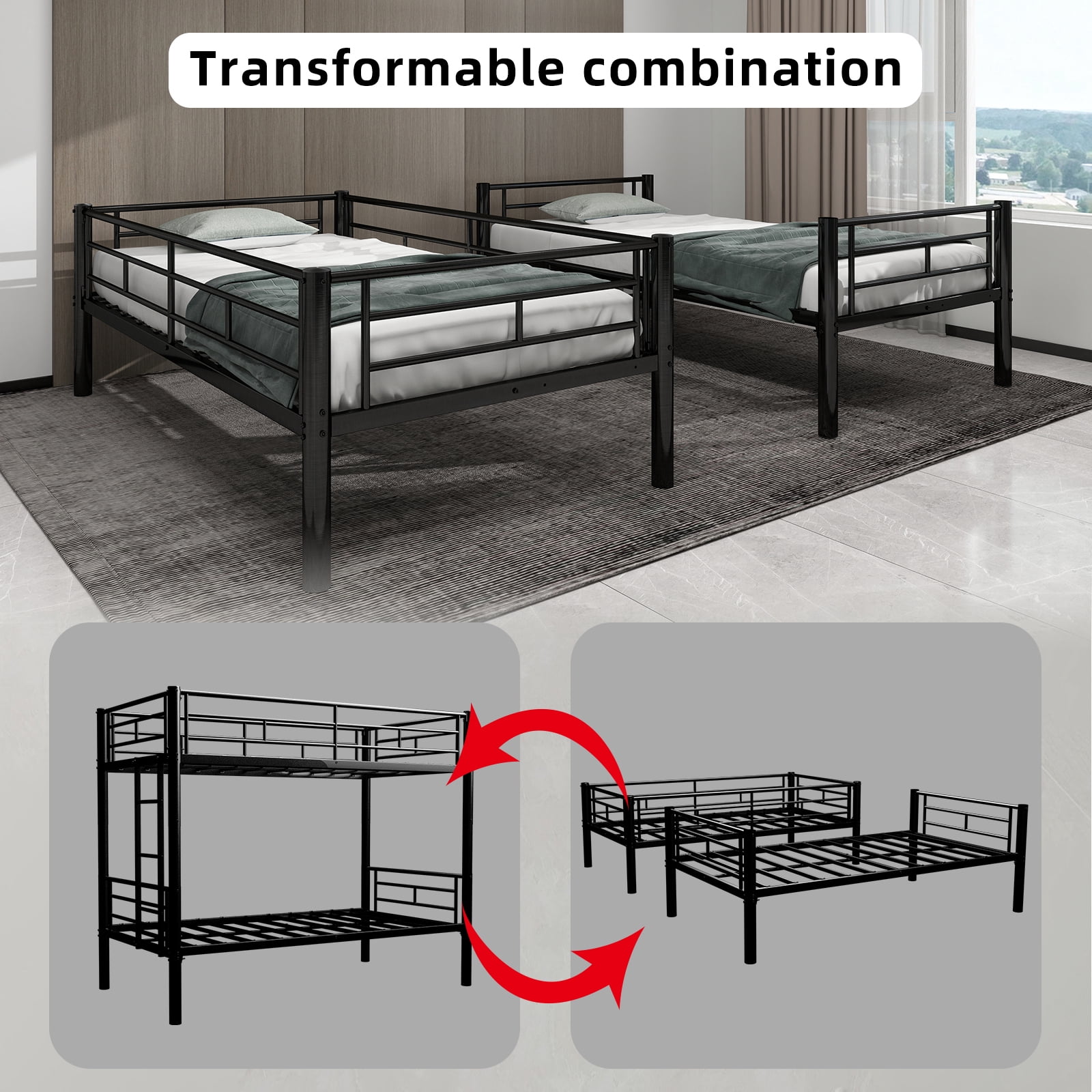 Alvantor Metal Bunk Bed Twin over Twin for Kids, Convertible 2 Beds, Heavy Duty Bed Frame with Under-Bed Storage for Bedroom Black