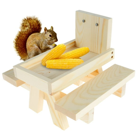 PENGXIANG Outdoor Animal Feeder Wooden Squirrel Picnic Table with Two Thick Benches Non-Burr Wooden Squirrel Feeding Station Stable Hanging Squirrel Table Feeder for Garden Courtyard Yard