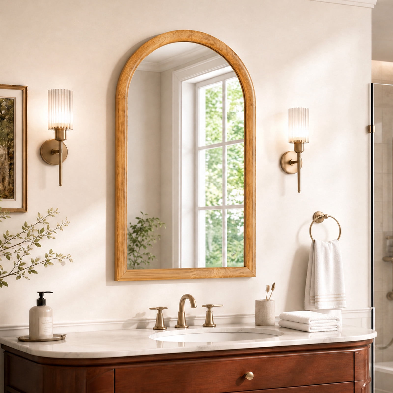 Easy4Home 36" x 24" Arched Bathroom Mirror Wall Decor with Wooden Frame, Natural Wood