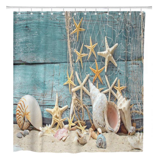 ABPHQTO Cortina de ducha de baño Blue Beautiful Sea Star Beach Comcept Sand Wooden Collection 160x180 cm