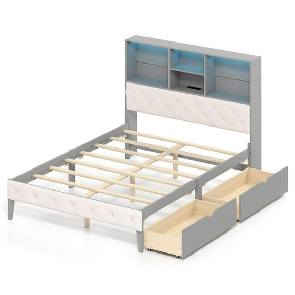 GVN Sturdy Bed Frame, Bedroom Platform Bed Frame,Full Size Bed Frame with Bookcase Headboard and LED Lights-Gray