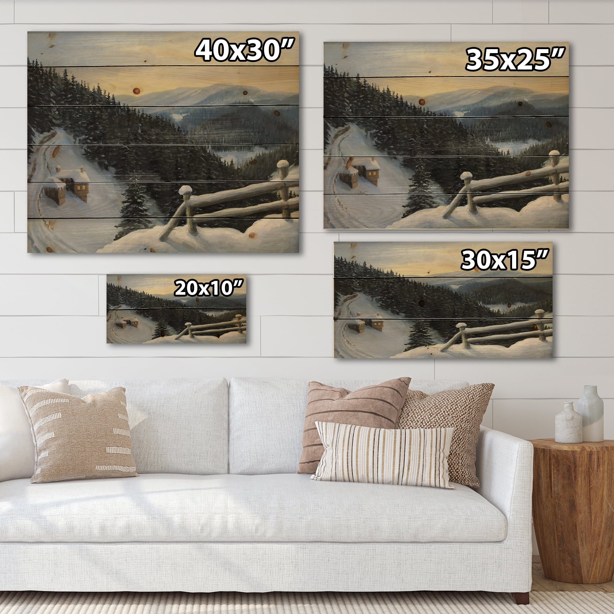 Designart 'View On Snowy Mountain Tops At Evening Glow' Traditional Print on Natural Pine Wood
