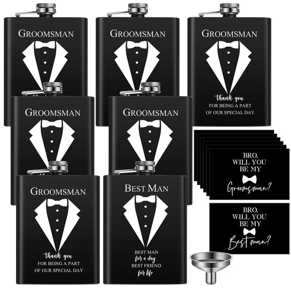 Nuanchu 7 Set Groomsmen Gifts Groomsmen Flask 8oz Wedding Proposal Gift for Best Man Groomsman Stainless Steel Hip Flask Best Man Proposal Cards Will