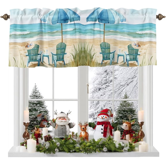 Valances for Windows Seaside Blue Beach Chair Hat Rod Pocket Short Curtain for Bathroom Living Room Bedroom Summer Ocean Beach 1 Panel 42x18in