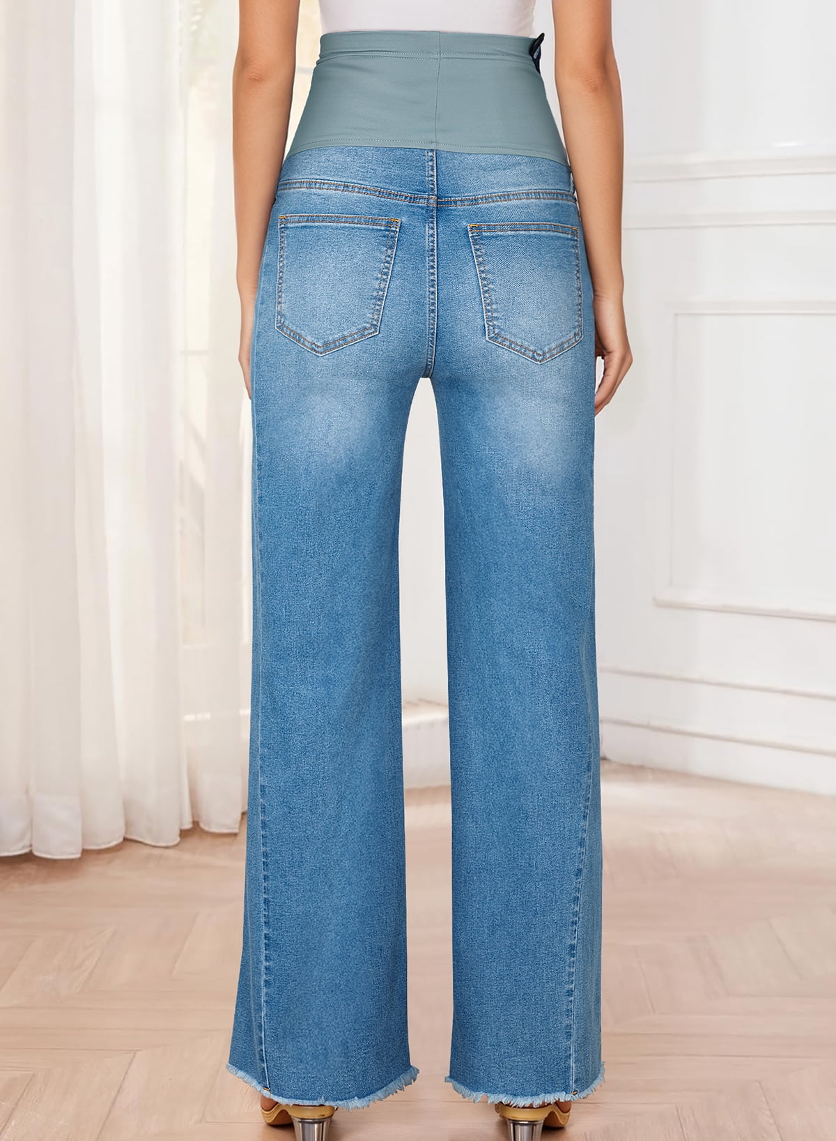 DOKOTOO Women's Maternity Jeans with Full Elastic Panel - High Waist Over The Belly Straight Leg Stretchy Pregnancy Jean Raw Hem Frayed Denim Pants