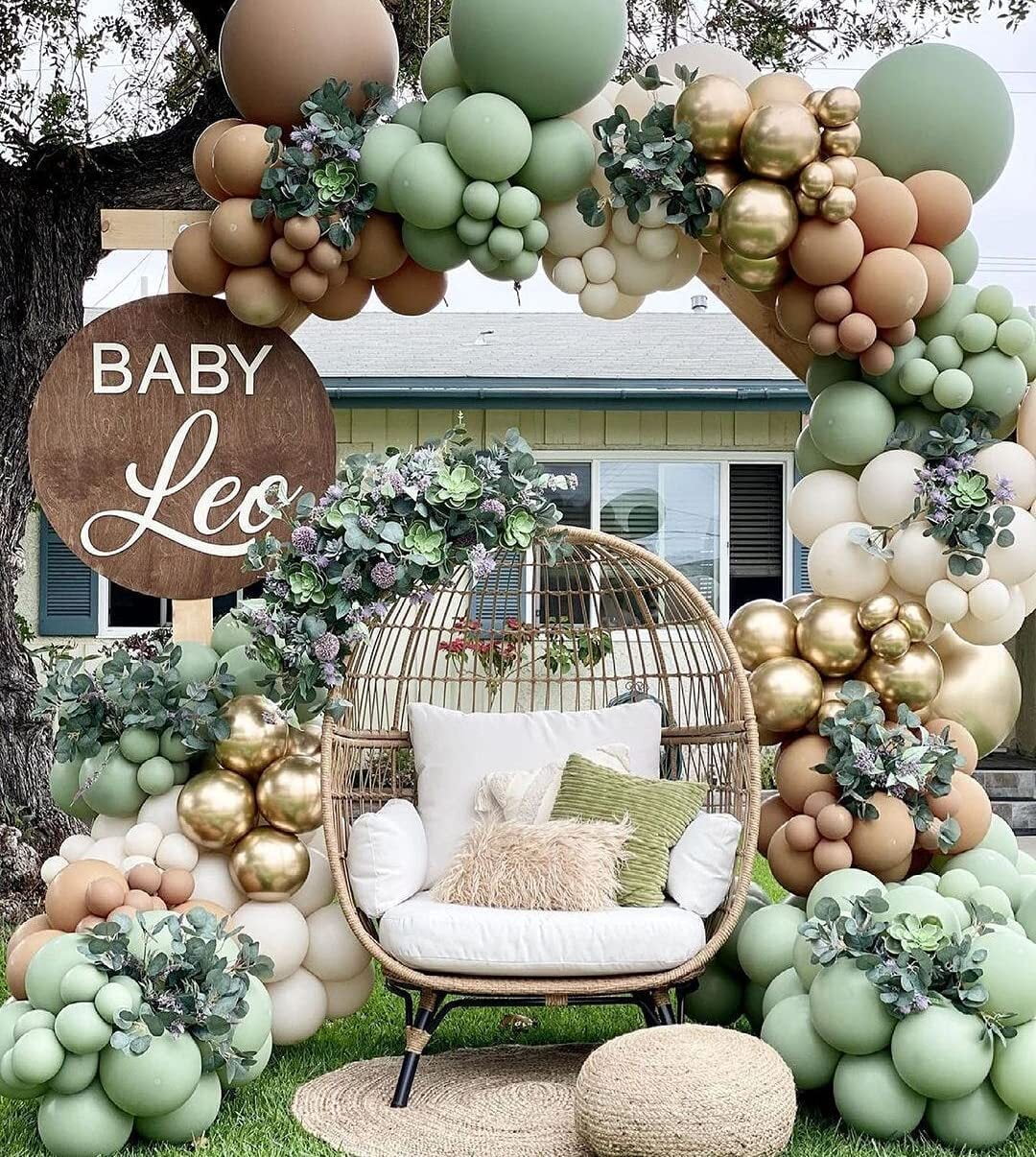 SPECOOL 95Pcs Sage Green Balloons Arch Garland kits, Kids Birthday Baby Shower Wedding Party Decor Supplies, DIY Olive Green and Gold Latex Balloons for Forest Safari Jungle Tropical Theme Decorations