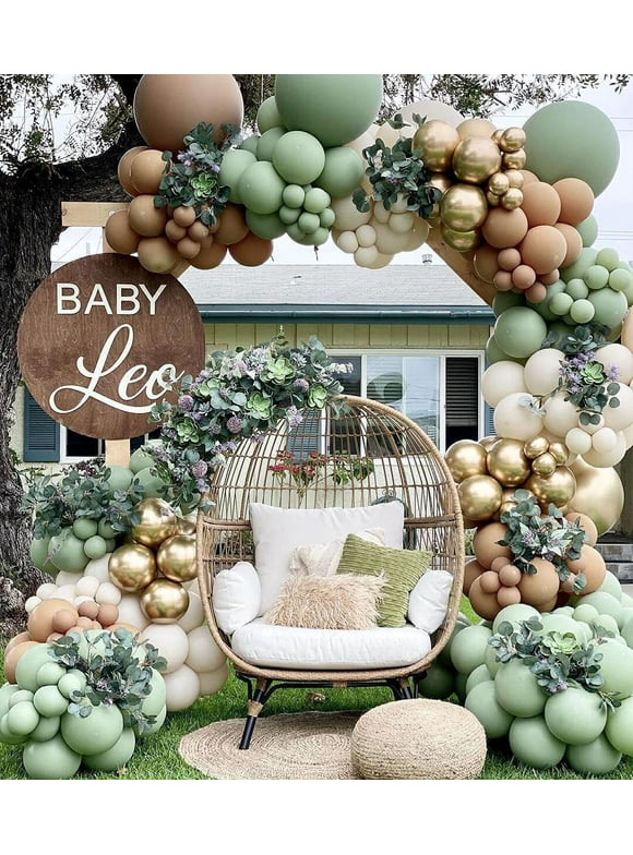 SPECOOL 95Pcs Sage Green Balloons Arch Garland Kits, Kids Birthday Baby Shower Wedding Party Decor Supplies, DIY Olive Green and Gold Latex Balloons for Forest Safari Jungle Tropical Theme Decorations