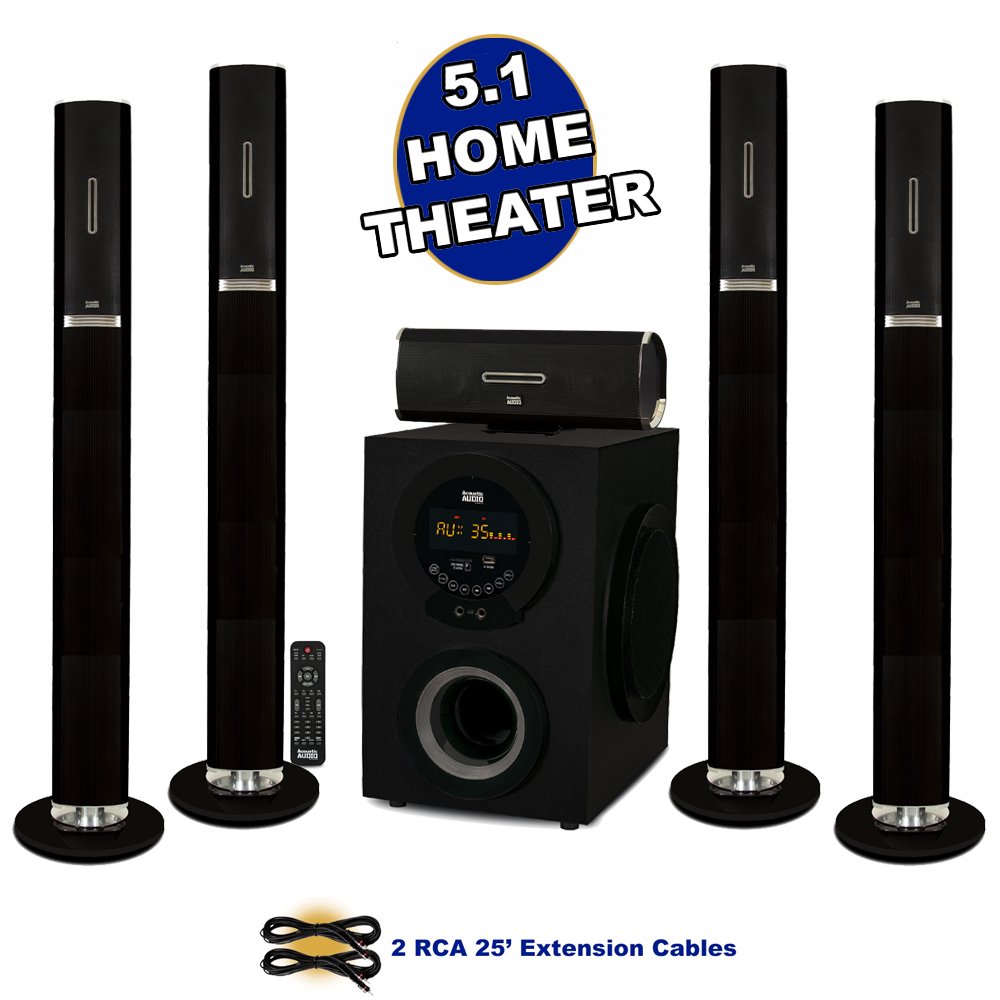 Acoustic Audio AAT3002 Tower 5.1 Home Theater Bluetooth Speaker System and 2 Extension Cables