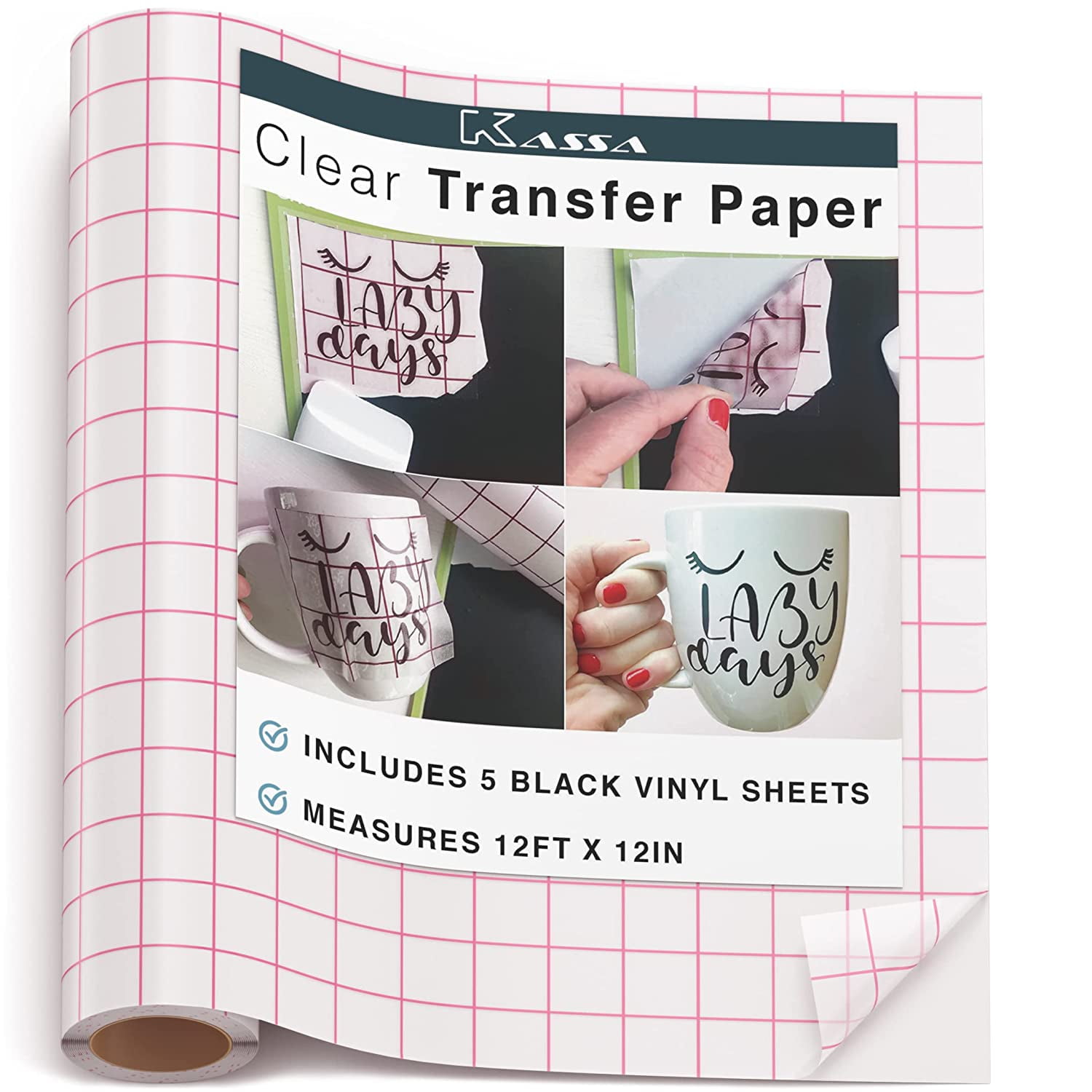 Kassa Vinyl Transfer Tape Roll (12” x 12 Feet) - 5 Vinyls Sheets Included - Clear Vinyl Transfer Paper for Cricut & Silhouette Cameo (w/ Perfect Alignment Grid) - Medium Tack