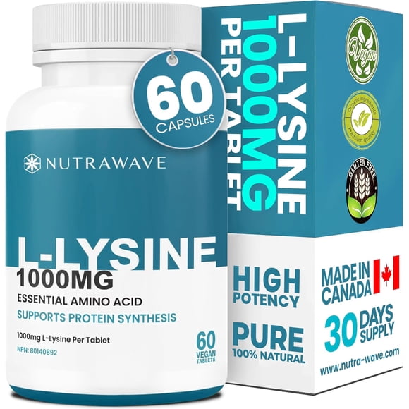Nutrawave L-Lysine 1000mg - Essential Amino Acid Lysine Supplements for Immune Support, Collagen Synthesis & Cold Sore Care | Vegan, Non-GMO | 60 Tablets