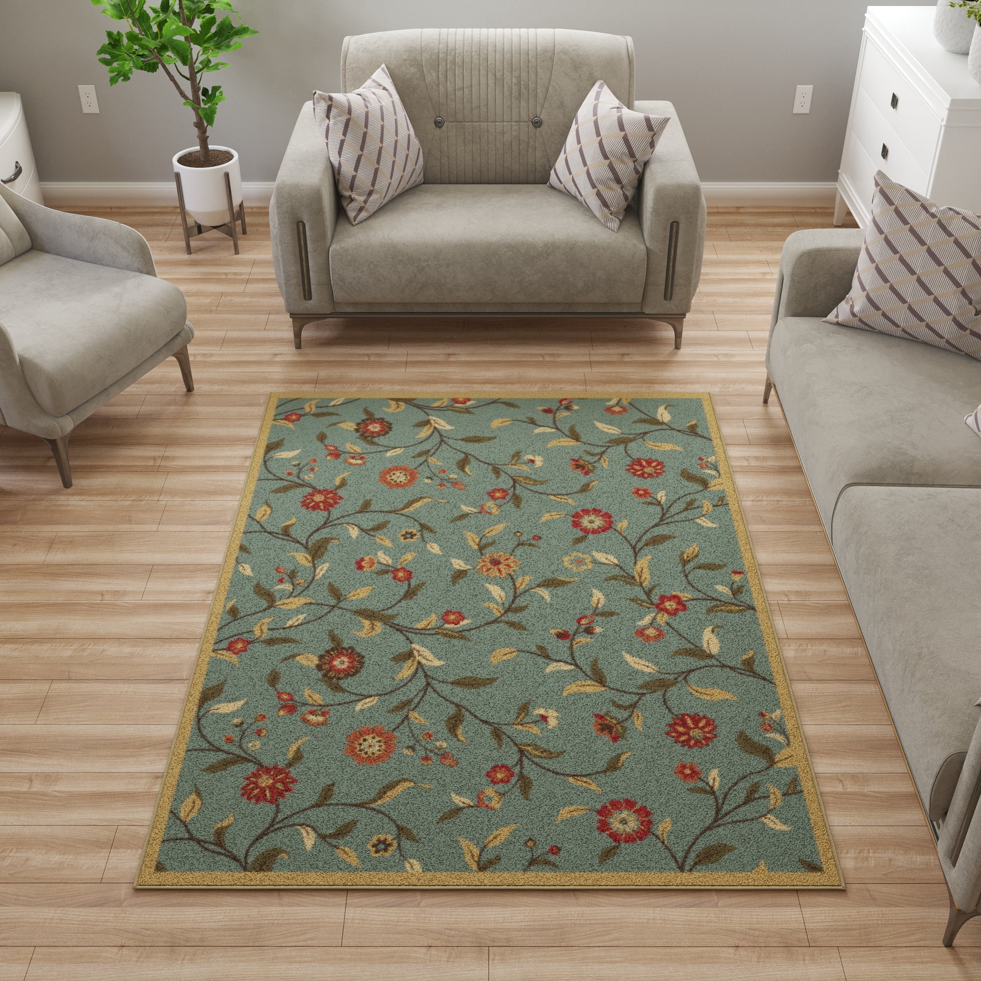 Ottomanson Floral Area Rug 5' x 6'6" - Non Slip Low Pile Carpet, Seafoam Green
