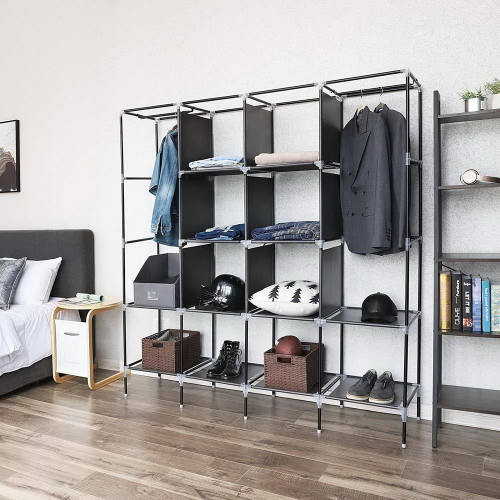 Ktaxon 67" Clothes Closet Portable Wardrobe Clothes Storage Rack 12 Shelves 4 Side Pockets Black