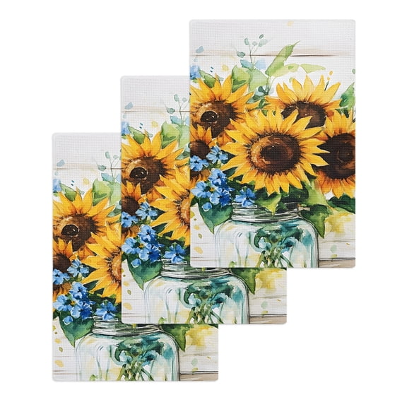 Sunflower Kitchen Dish Towels for Drying Dishes Set of 3, Retro Country Garden Floral Blue Wildflower Waffle Weave Microfiber Hand Tea Bathroom Towels Quick Dry & Absorbent Towel 15.7x23.6