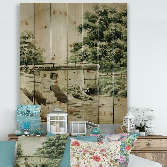 Designart 'Cabin In The Green Mountains' Cabin & Lodge Print on Natural Pine Wood