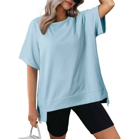 loopsun Plus Size Tops for Womens,Womens Summer Tops,Women's Loose Casual Solid Color Irregular Design Short Sleeved Top Light Blue L
