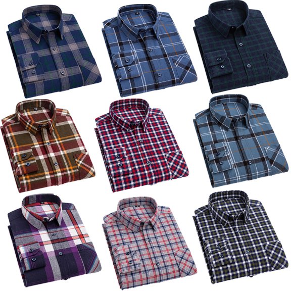 FLMEI Men's Plaid Shirts Long Sleeve Blouses Cotton Button Tops Spring Fall Lapel Dress Shirts for Business Work Casual Size: 38-46