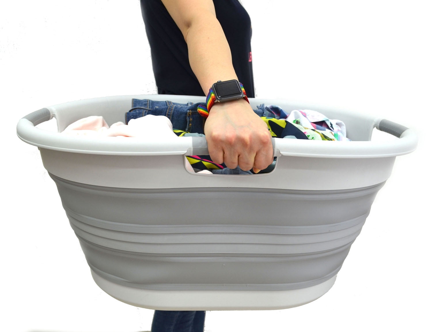 SAMMART Collapsible 3-Handled Plastic Laundry Basket - Oval Tub / Basket - Foldable Storage Container / Organizer - Portable Washing Tub - Space Saving Laundry Hamper