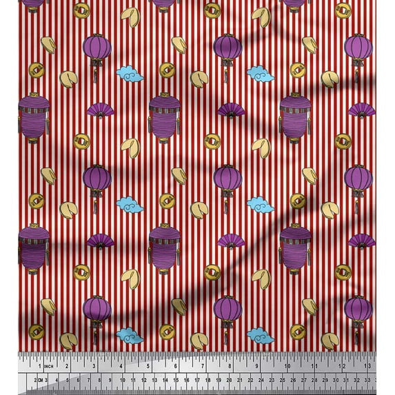 Soimoi Red Silk Fabric Fan & Chinese Lamp Home Decor Printed Craft Fabric by the Yard 42 Inch Wide