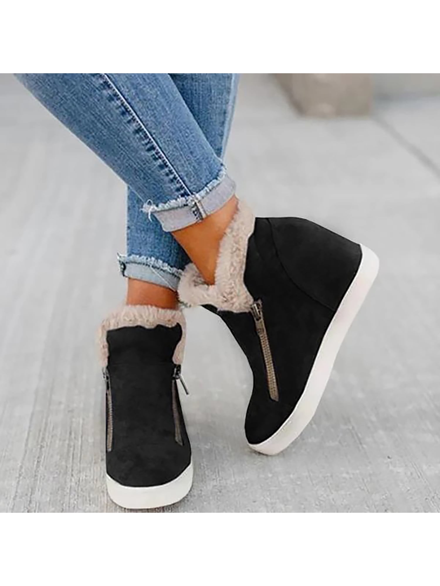 Womens Fashion Buckle Ankle Boots Fur Flat Boot Slip On Suede Shoes Size  5-9 