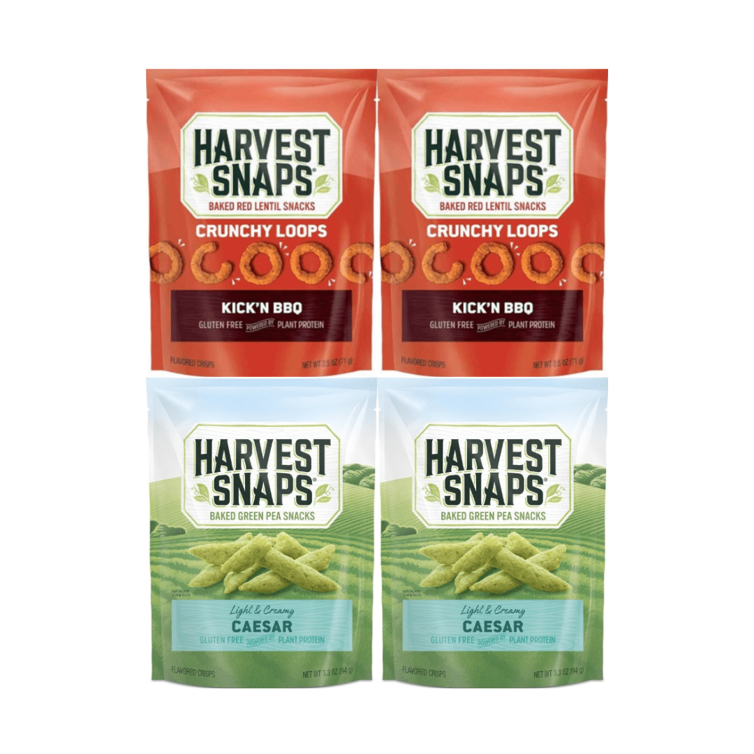 Harvest Snaps Veggie Chips 4 Pack –Original  2.5oz & Caesar 3.3oz – Crunchy Baked Green Pea Snack, Gluten Free, Plant-Based, Non-GMO, High Fiber, Perfect Lunchbox or Office Snack