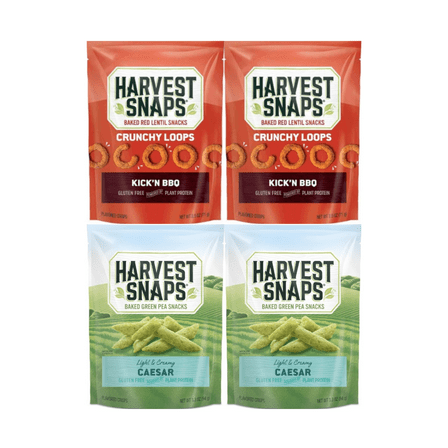Harvest Snaps Veggie Chips 4 Pack – Kick’n BBQ 2.5oz & Caesar 3.3oz – Crunchy Baked Green Pea Snack, Gluten Free, Plant-Based, Non-GMO, High Fiber, Perfect Lunchbox or Office Snack