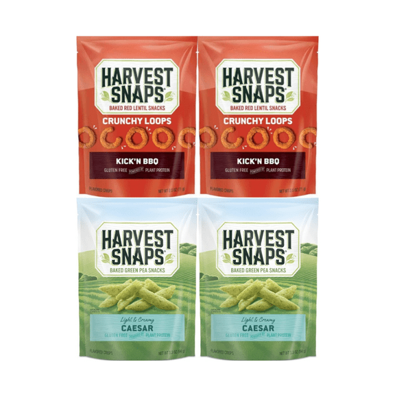 Harvest Snaps Veggie Chips 4 Pack – Kick’n BBQ 2.5oz & Caesar 3.3oz – Crunchy Baked Green Pea Snack, Gluten Free, Plant-Based, Non-GMO, High Fiber, Perfect Lunchbox or Office Snack