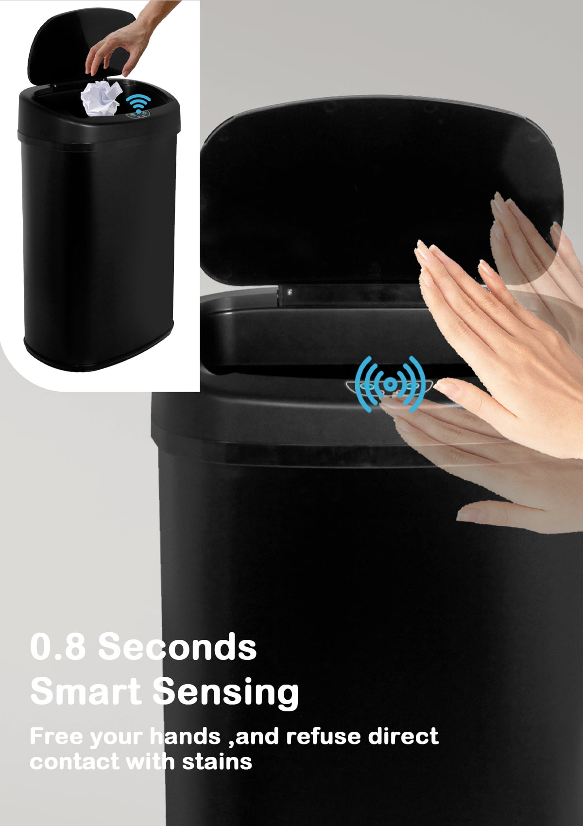 CL.HPAHKL 13 Gallon Kitchen Garbage Can Automatic Trash Can 13 Gallon Stainless Steel Trash Can Touch Free Bathroom Trash Can with Lid for Bathroom, Kitchen, Office, Black