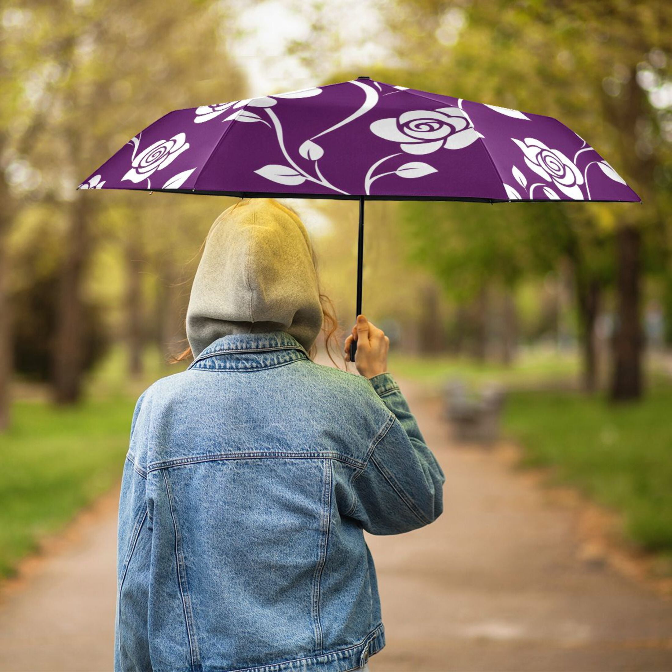 ALAZA Rose Flower Leaves UPF 50+ Compact Folding Umbrella for Rain Travel Umbrella Packable
