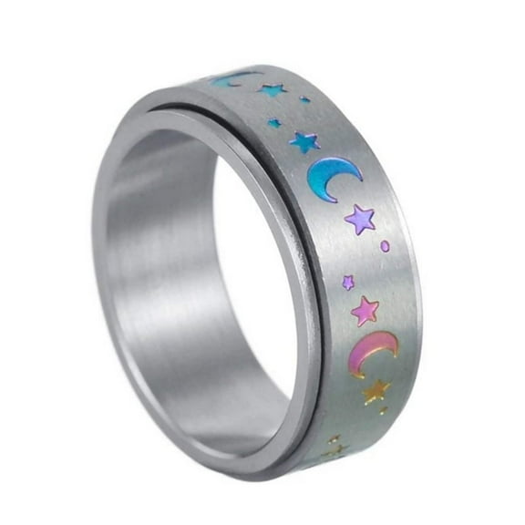 Rainbow Moon Stars Spinner Ring Stainless Steel Celestial Stress Reliever