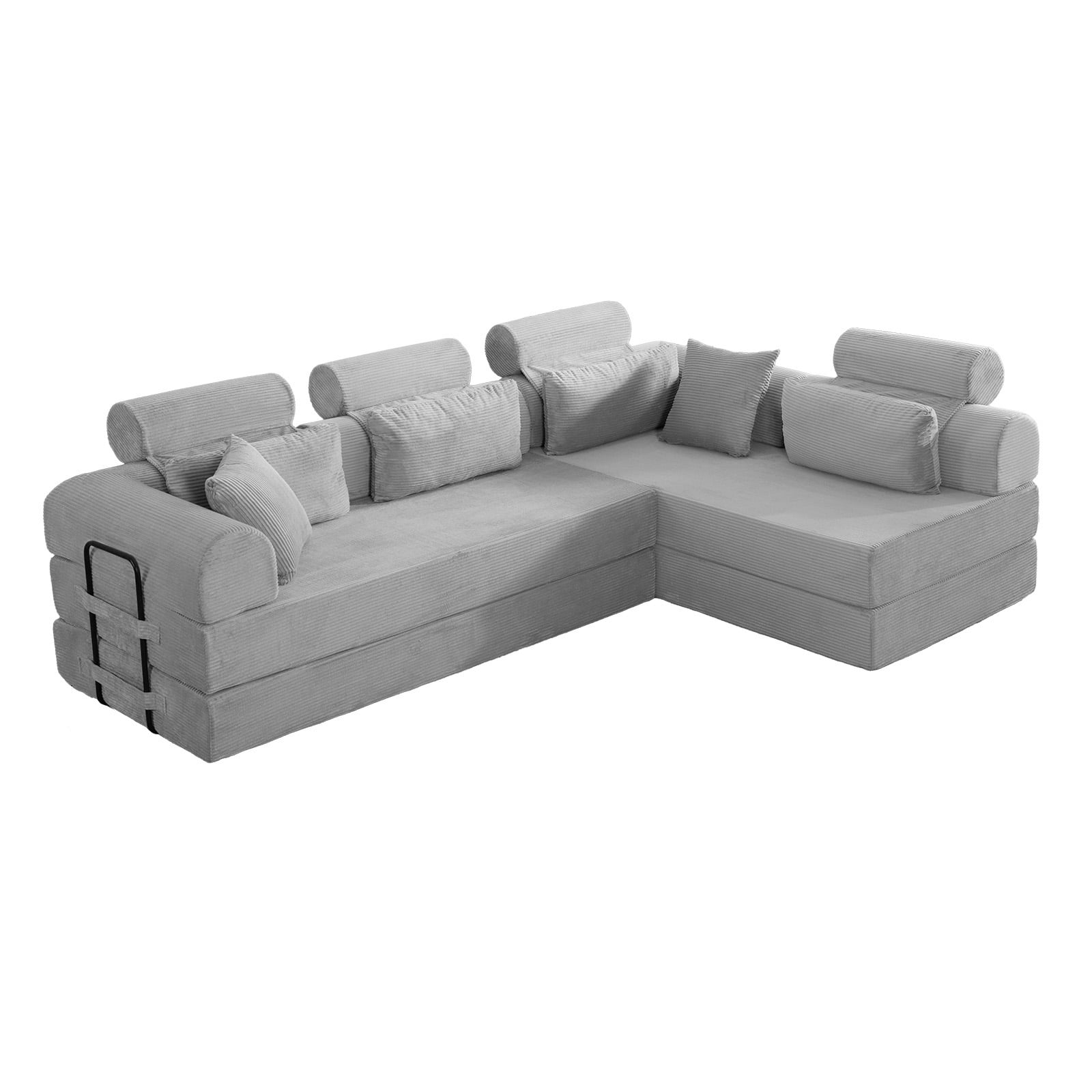 L-Shaped Sectional Sofa Converts to Bed, Corduroy Chaise Lounge with 28D High-Density Foam, No Assembly Compressed Couch for Apartments and Studios, Light Gray
