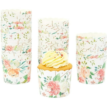 50 Pack Floral Cupcake Wrappers for Wedding, Watercolor Flower Paper Baking Cups and Muffin Liners for Garden Tea Parties, Baking Favors, Bridal or Baby Showers- (2.75 x 2.75 x 2.1875 In)