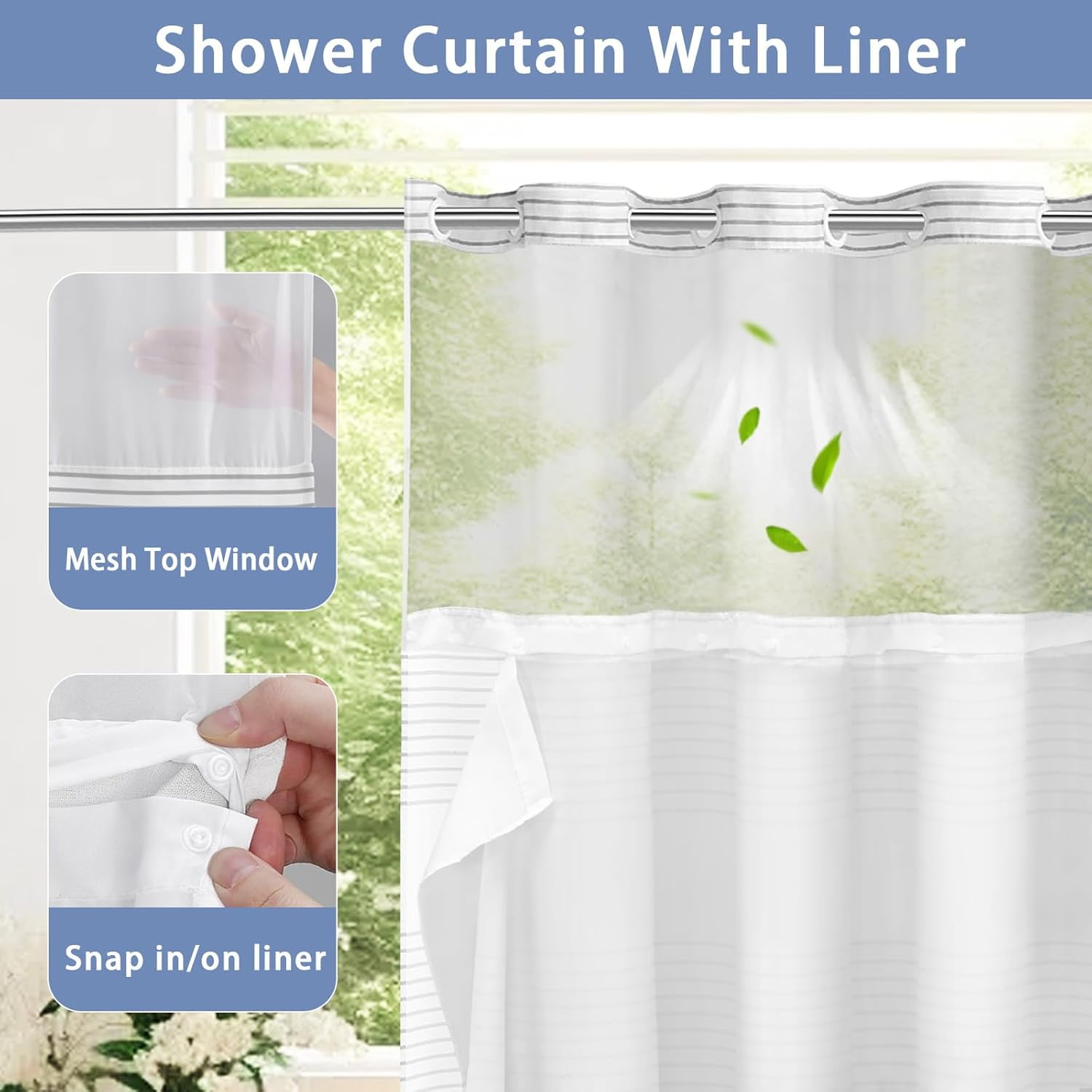 No Hook Shower Curtain with Snap in Liner Set Cotton and Linen Blend Shower Curtain for Bathroom Boho Gray Striped 75" L x 72" W