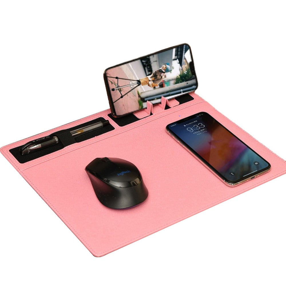 Mouse Pad w/ Qi Wireless Charger PU Leather Cordless Charging Station
