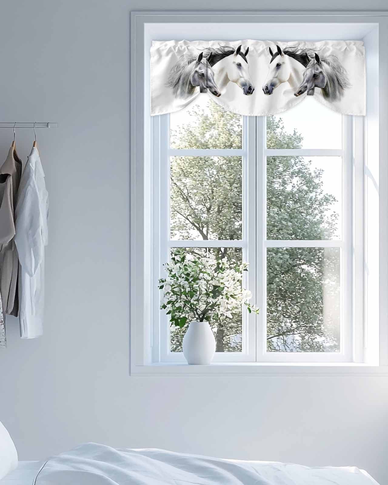 Horse Tie Up Valances Curtain, Watercolor Animal Kitchen Valances for Windows Decor, Rod Pocket Short Curtains Set for Bedroom/Bathroom, 60"x18"
