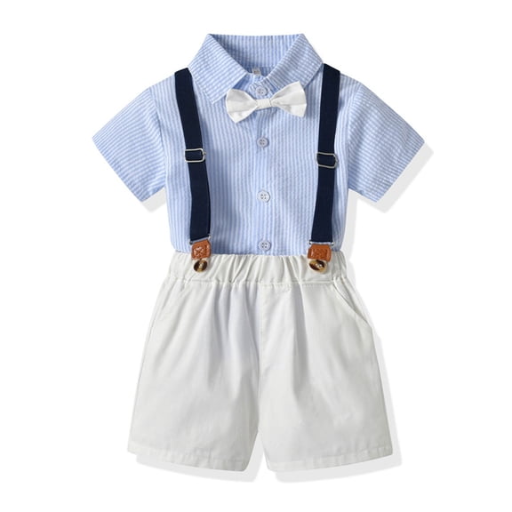 Conairie Toddler Baby Boy Outfits Dress Clothes Suit Cotton Short Sleeve Shirts Bowtie Suspender Shorts Set Blue 18-24 M