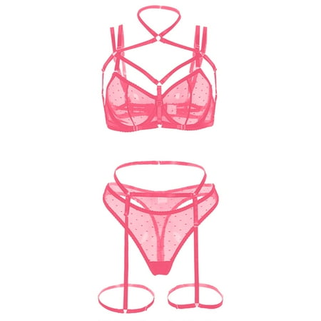 

sebtyili women s polka dot hollowed out mesh hanging neck shaping fun lingerie set