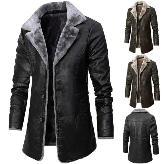 kakina CMSX Mens Leather Jacket,Casual Mid Length Faux Leather Fur Coat Warm Winter Long PU Leather Solid Color Long Sleeve Jacket Lined Duster Trench Coat
