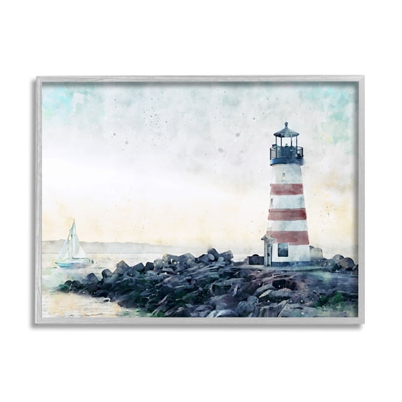 Stupell Industries Red Stripe Lighthouse Rocky Beach Coast Sailboat Waters, 30 x 24,Design by Ziwei Li