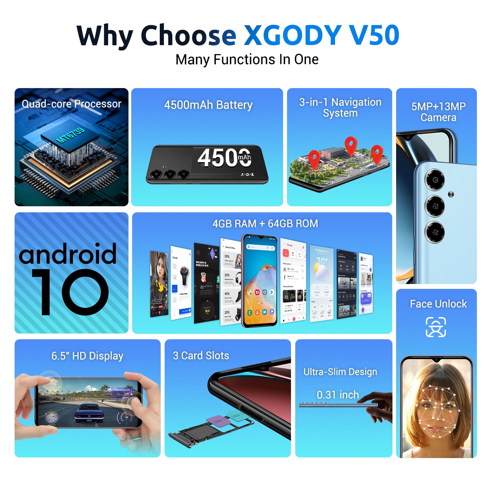XGODY V50 4G T-Mobile Unlocked Cellphones, 4GB+64GB Unlocked Android Phone, 4500mAh Battery with 6.5" Smartphone, Black