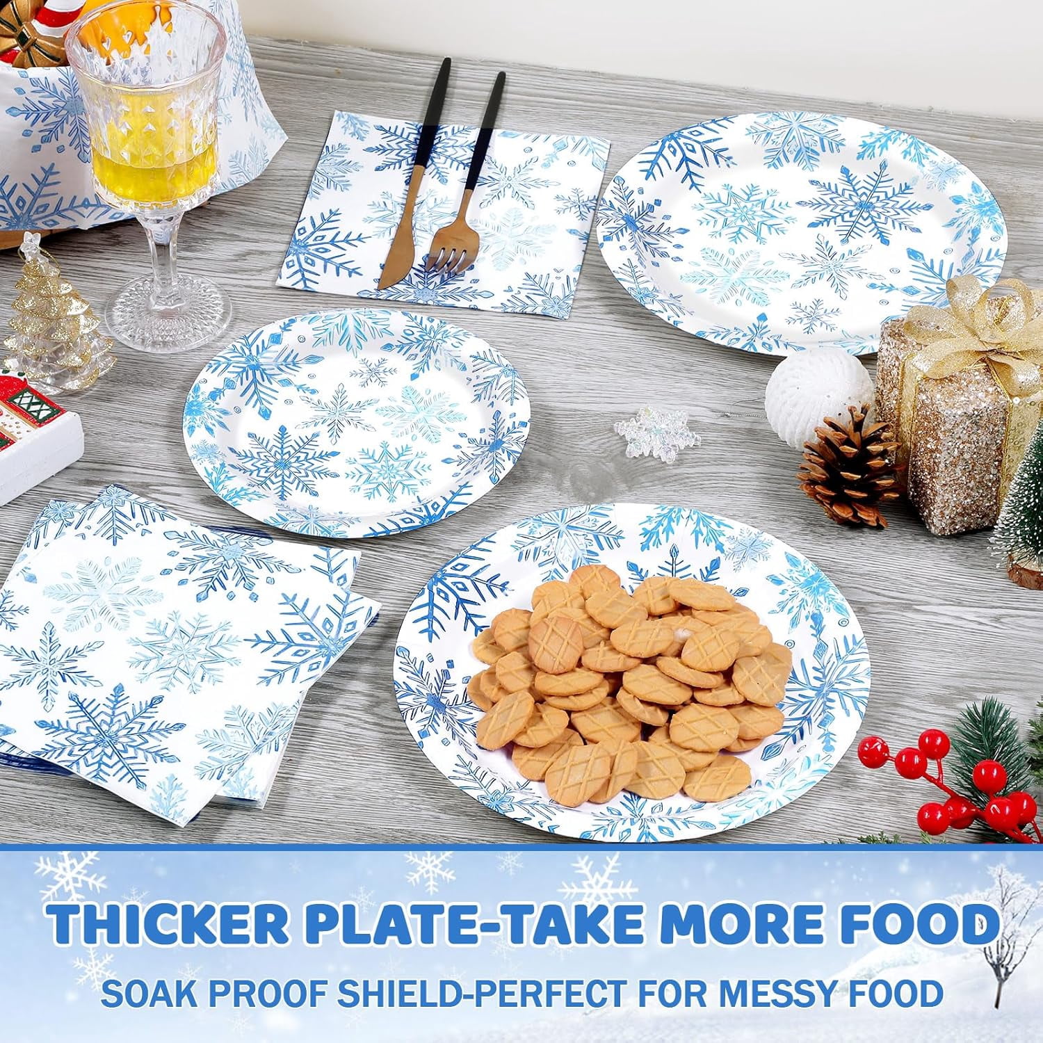Waipfaru 200 PCS Christmas Party Supplies Disposable Plates Napkins Set,Blue Christmas Tableware Set Dinner Lunch Dessert Appetizer Decoration Xmas Party, Serve 50