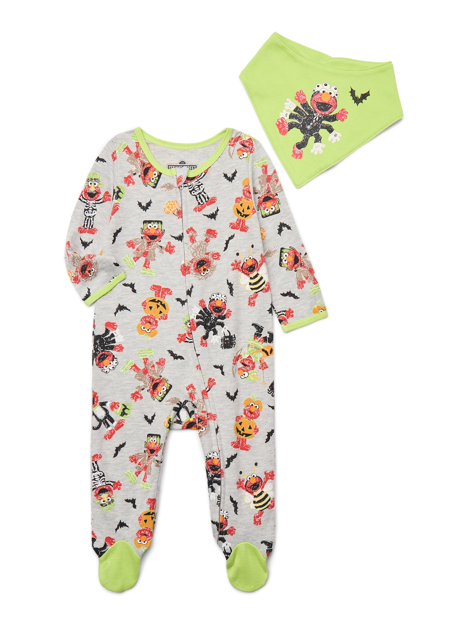 Halloween Sesame Street Elmo Baby Boys or Girls Footed Sleep N Play Pajamas and Bib Set, 2-Piece, Sizes 0M-9M