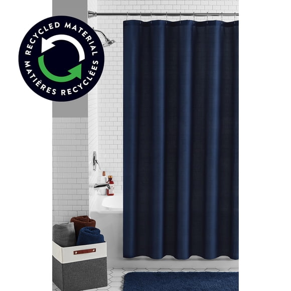 Mainstays Waffle-Weave Fabric Shower Curtain with Recycled Polyester, 72" x 72", Navy Blue