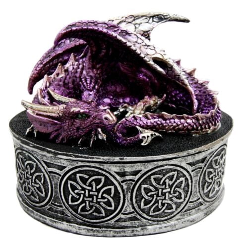Sleeping Purple Dragon Oval Trinket Jewelry Box Figurine With Celtic Knotwork