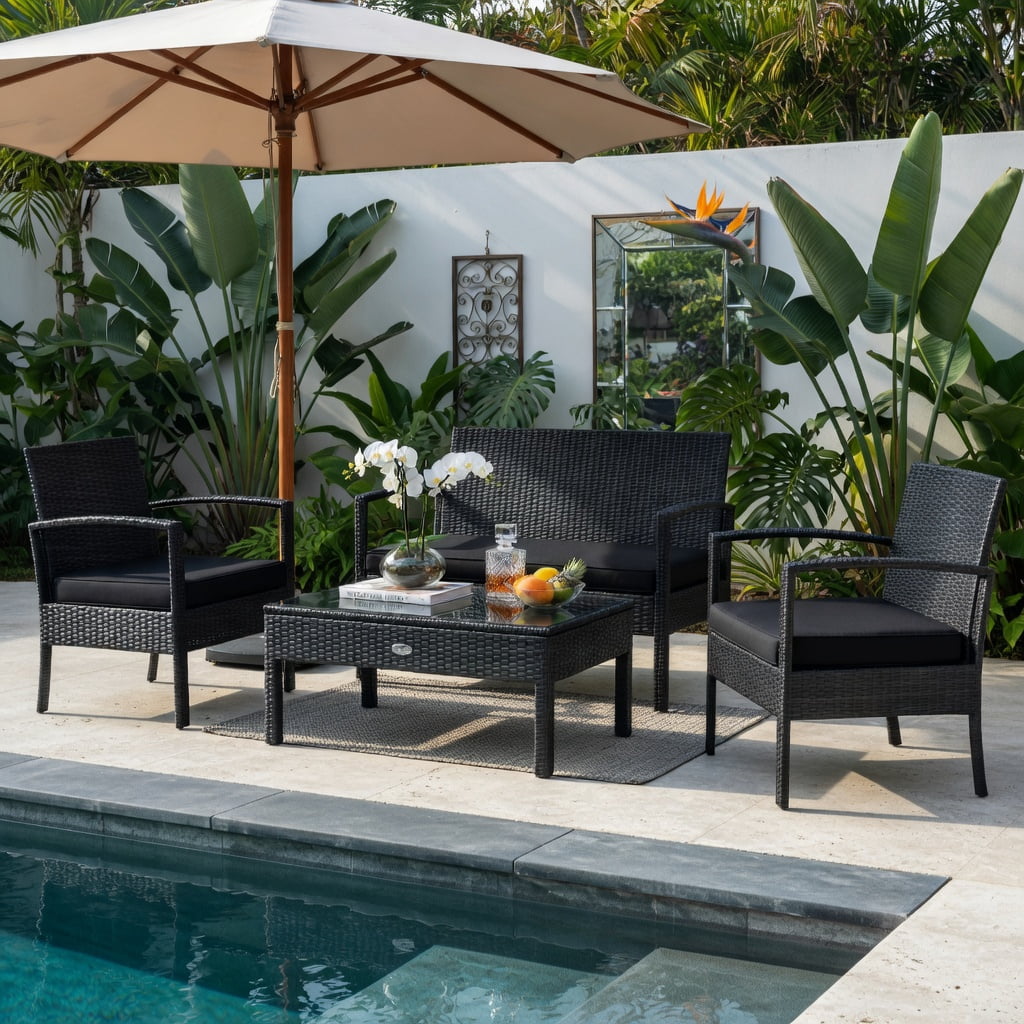 Hommoo 4-Piece Outdoor Rattan Patio Furniture Set with Cushions, PE Wicker Loveseat, Chairs & Coffee Table for Backyard, Balcony, Deck, Black