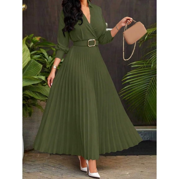 Olive Green Wrap Maxi Dress With Pleated Skirt, Belted Waist, V-Neck, Long Sleeve